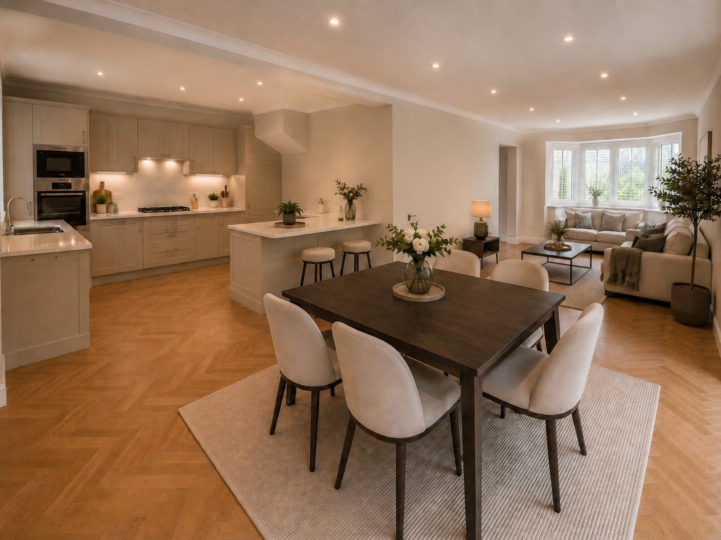 Open-plan dining kitchen, staged with AI