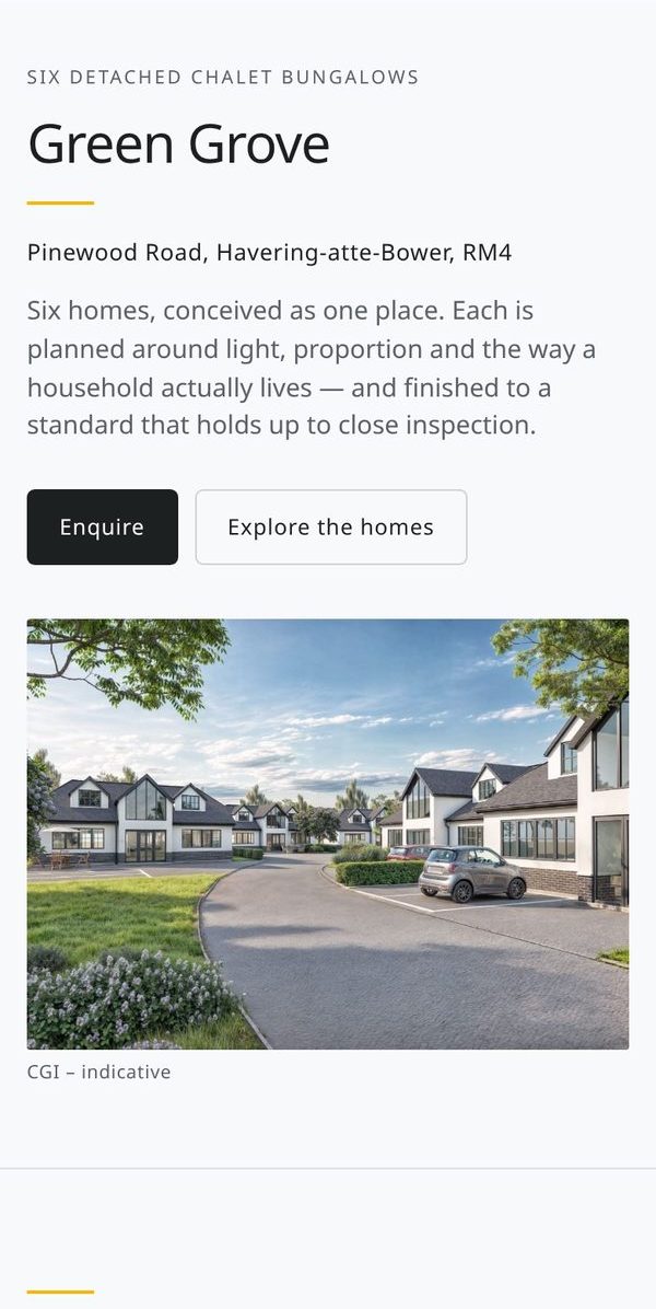 Development website, home page on a phone