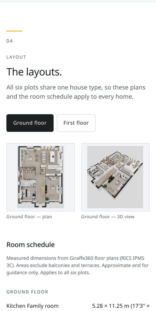 Development website, layouts page on a phone