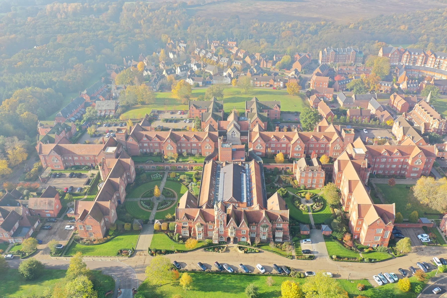 Aerial view of a town and trees