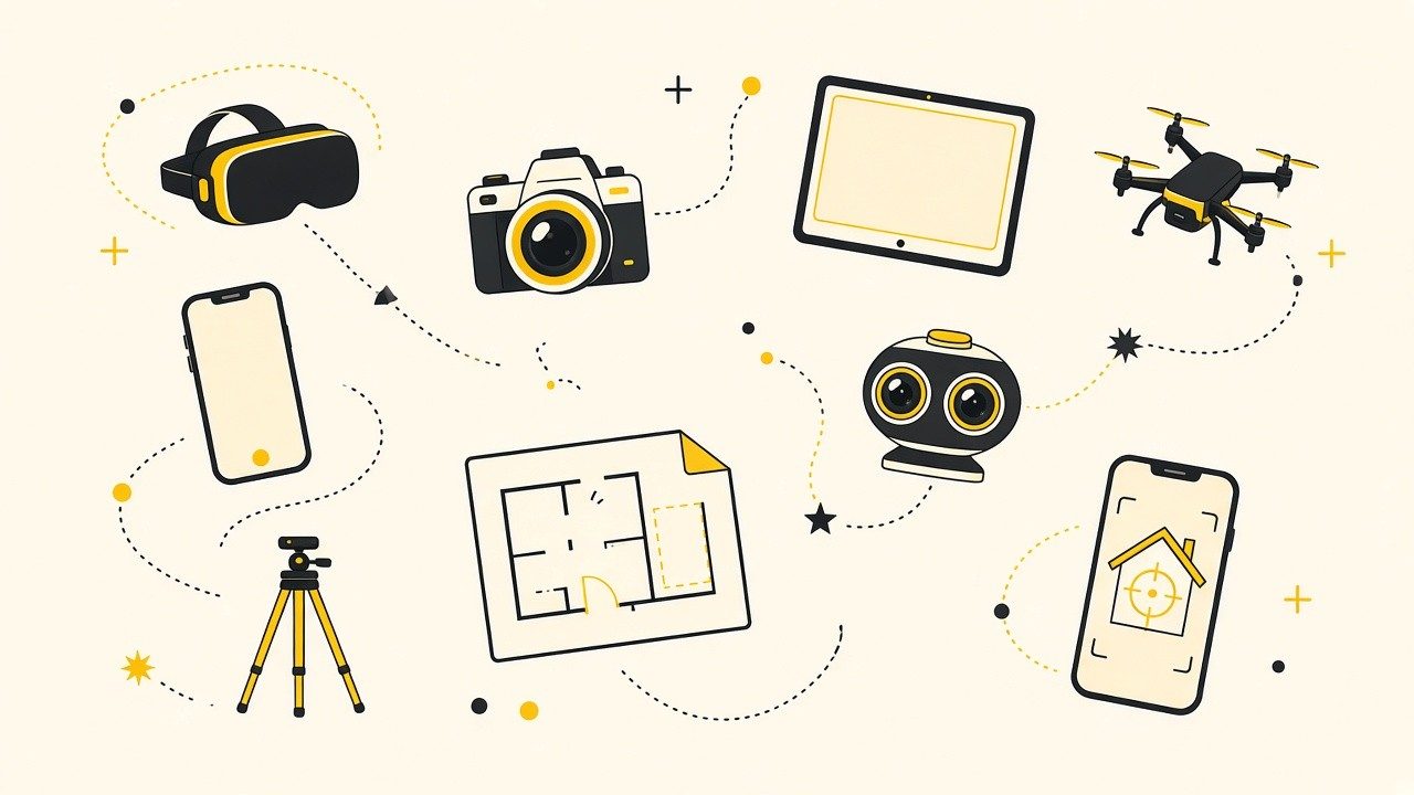 Icons of the toolkit: VR headset, camera, tablet, drone, phone, 360 camera, tripod and floor plans